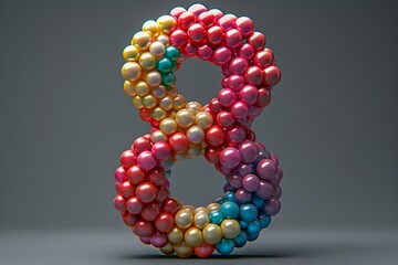 Colorful, abstract number eight made of balloons on grey background