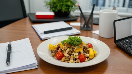 Plate of food on the desktop in the office