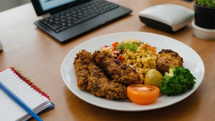 Plate of food on the desktop in the office