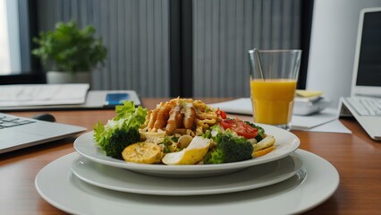 Plate of food on the desktop in the office