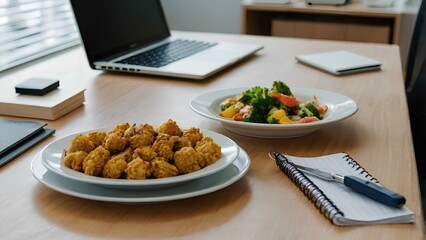 Plate of food on the desktop in the office