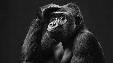 The gorilla sits thoughtfully, her hand resting on her head.  She's a symbol of deep thinking and serious reflection, set against a dark background.