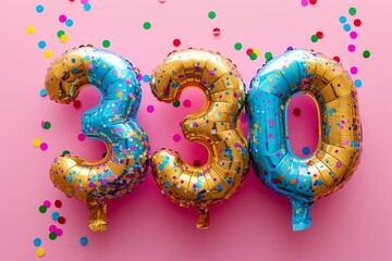 Balloons with the numbers 330 on them are surrounded by confetti on pink background. Festive and celebratory atmosphere