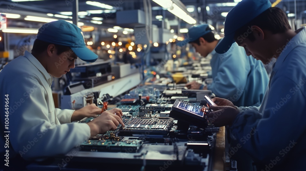Poster technicians working collaboratively on electronic circuit boards in a bustling factory environment d