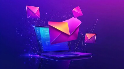 A laptop displaying email notifications with colorful envelopes emerging from the screen.