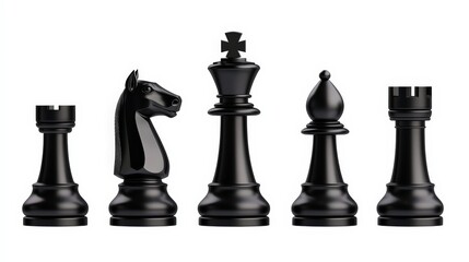 Black Chess Pieces in a Row: A strategic lineup of black chess pieces, including the king, queen, rook, knight, and bishop, stands in a row, ready to make their move.