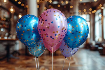 Bunch of colorful balloons with glitter confetti on them. Lively and festive, suggesting a celebration or party
