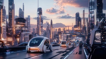 Futuristic smart city with autonomous vehicles and advanced infrastructure.
