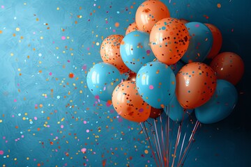 Bunch of orange and blue balloons with confetti falling around them with copy space