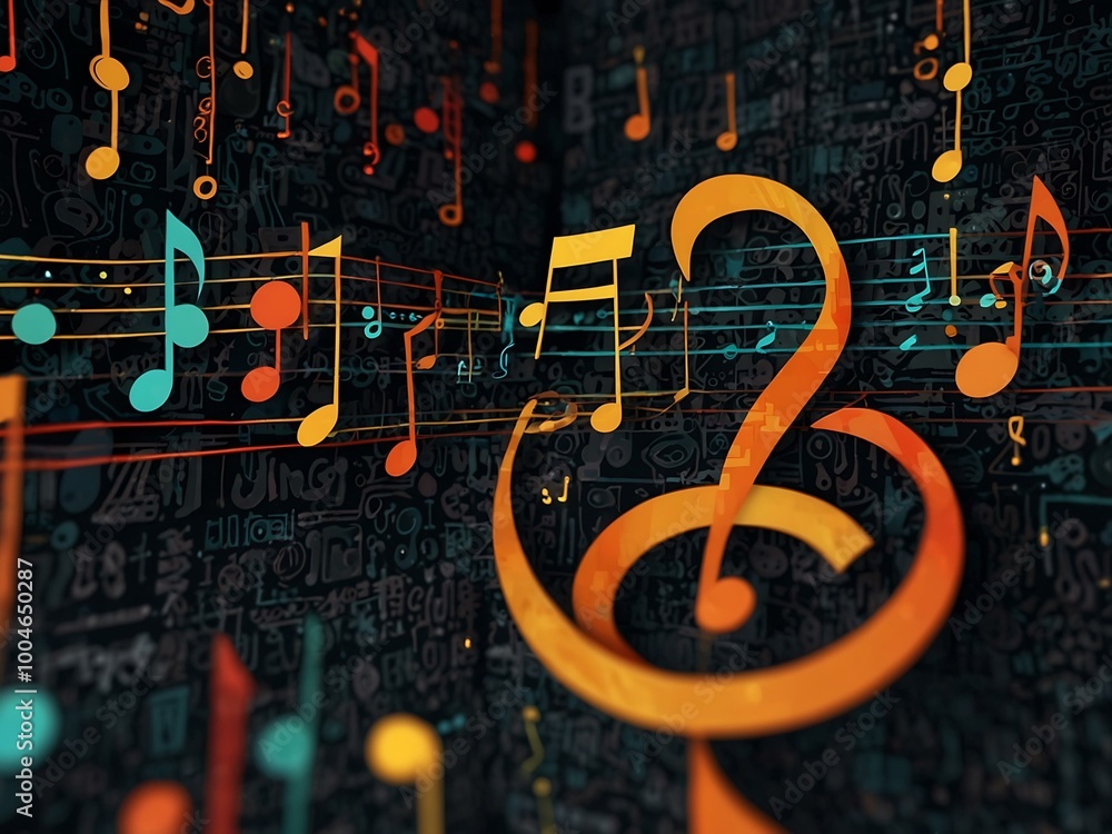 Poster digital music notes intertwined with geometric patterns.