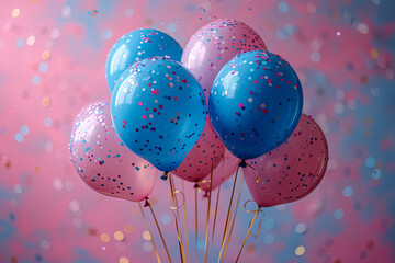 Bunch of balloons with blue and pink colors and confetti on them. Concept of celebration and joy