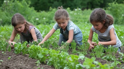 a group of children exploring gardening as an educational activity, learning sustainability practices and the importance of caring for plants and nature in a hands-on way