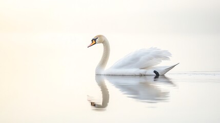 Obraz premium A graceful white swan swims across the water in a serene setting with a soft, light background.