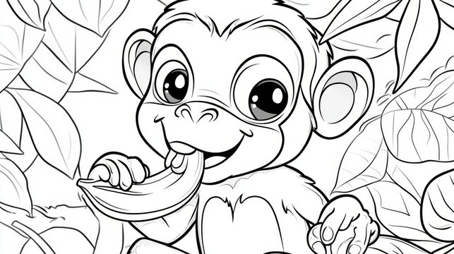 This coloring page features a cute monkey eating a banana. Kids can trace and color the monkey. The monkey is on a white background. It's a fun activity for kids in kindergarten and preschool.