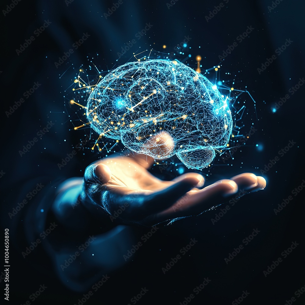 Poster digital hand hologram is seen on a copy space. the brain is connected with neural networks.