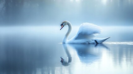 Fototapeta premium A single white swan on a still lake, surrounded by fog.