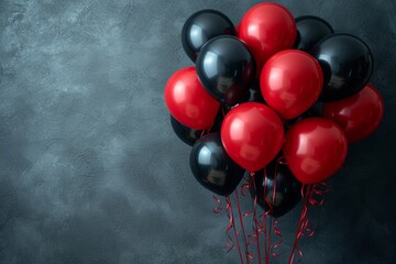 Bunch of red and black balloons are floating in the air. Sale of black friday