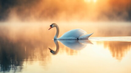 A graceful swan swims through calm, misty water at sunrise.