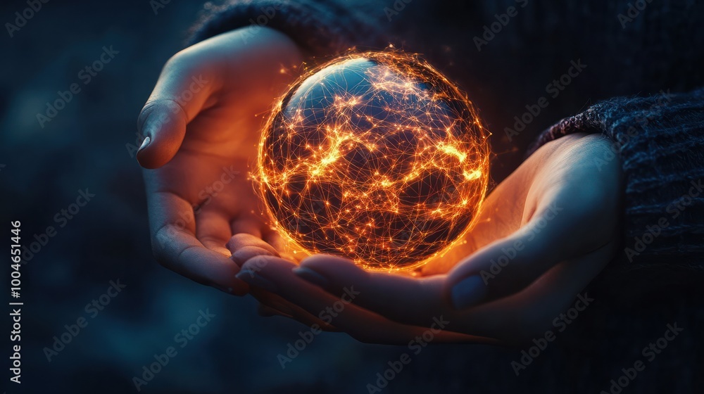 Poster illuminated connections: a world of network in hands. hands cradling a globe with intricate connecti