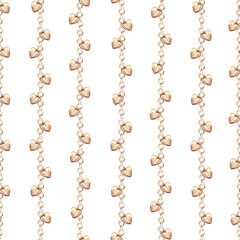 Seamless pattern of heart-shaped chains and pendants on a white background. Watercolor illustration for gift wrap design, fabric printing, window dressing and screensavers