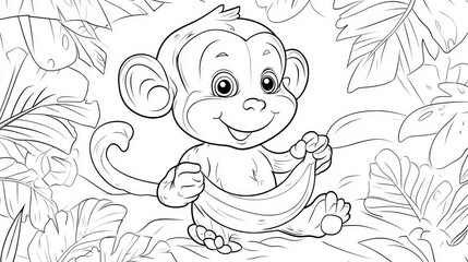 Fototapeta premium This is a fun coloring page for kids featuring a cute monkey eating a banana. You can color the monkey and trace the lines. It's perfect for preschool and kindergarten.