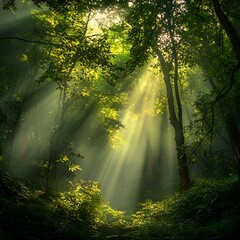 Fototapeta premium Lush Green Forest with Sunbeams