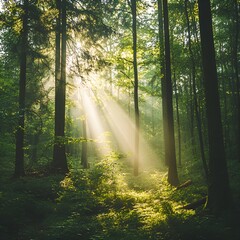 Fototapeta premium Lush Green Forest with Sunbeams