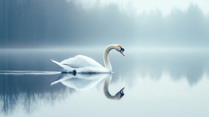 A graceful swan swims in a serene lake, surrounded by fog and trees in the background.