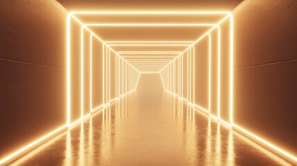 light in the tunnel, 3D rendering golden light tunnel with futuristic white neon lights, mall...