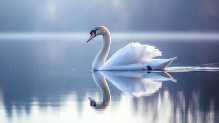 Obraz premium A graceful white swan swims on a tranquil lake.