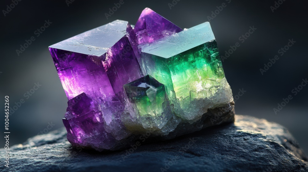 Wall mural the fluorite crystal showcases striking shades of purple and green, reflecting light beautifully. it