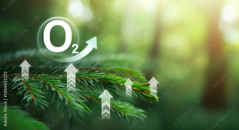 Poster oxygen symbol with arrows and foliage representing clean environment and nature