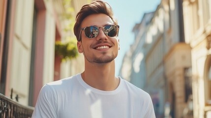 Portrait of handsome smiling stylish hipster lambersexual model.Man dressed in white T-shirt. Fashion male posing on the street background in sunglasses outdoors 