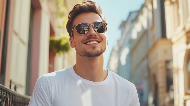 Portrait of handsome smiling stylish hipster lambersexual model.Man dressed in white T-shirt. Fashion male posing on the street background in sunglasses outdoors 