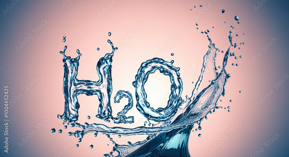 Poster water splash creating h2o text design in vibrant background with liquid movement and droplets