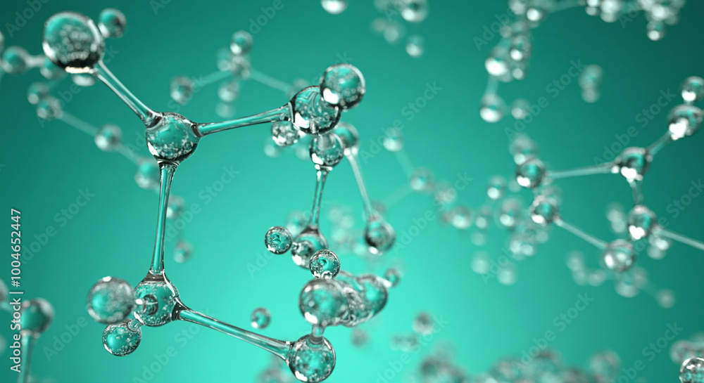 Poster molecules in science on a teal background with transparent spheres and detailed structures