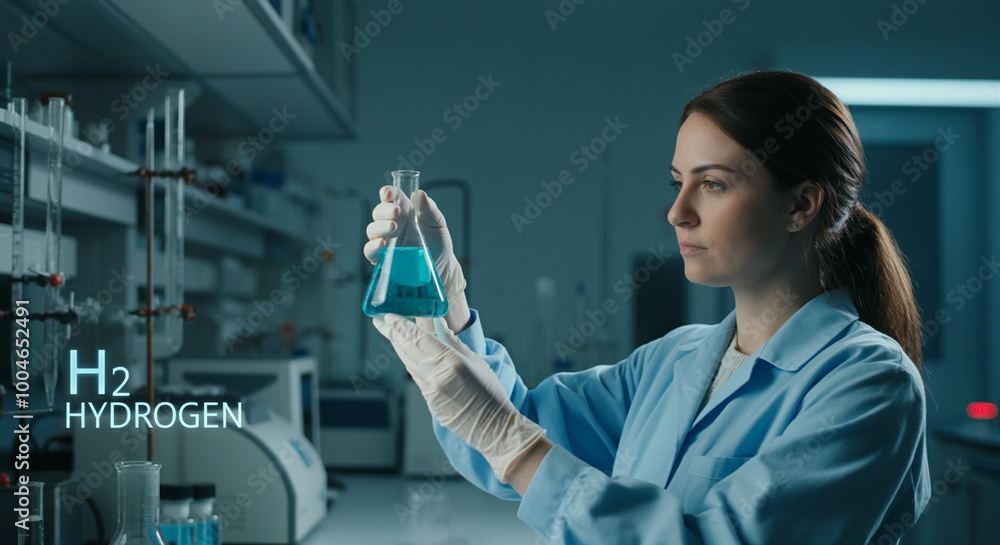 Poster laboratory flask holding blue liquid during science experiment and laboratory research with focused 
