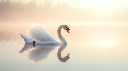 Fototapeta premium A single white swan swims in a serene lake at sunrise, its reflection mirrored in the still water.