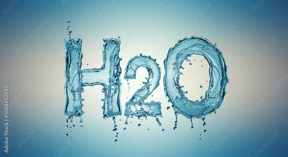 Poster water text representation of h2o symbol in blue liquid form with splashes and droplets