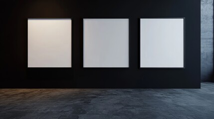 A minimalist art gallery featuring three empty frames on a dark wall.