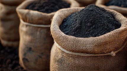 Obraz premium showcasing burlap sacks filled with rich peat soil, an essential material for plant nutrition and soil conditioning, perfect for gardening, horticulture, and sustainable farming
