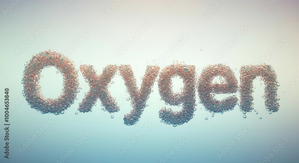 Poster bubbles forming the word oxygen with vibrant colors and floating in water creating a serene underwat