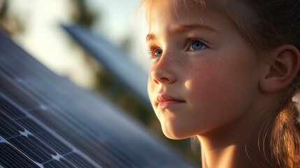 Portrait of a hopeful for the future girl kid letting see a solar panel for green energy and CO2 emission reduction