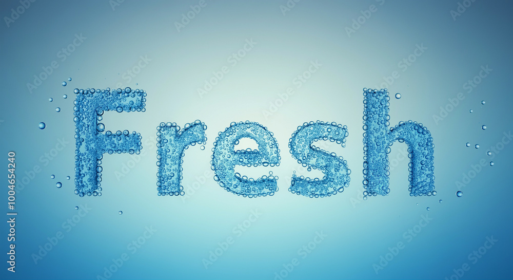Poster water bubbles creating fresh text in blue background with sparkling details and light reflections
