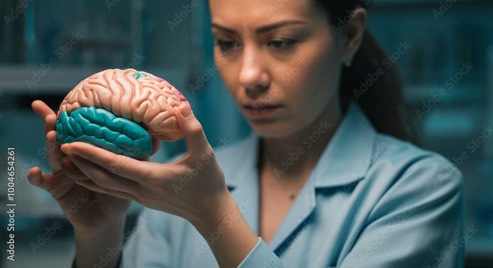 Poster brain model in hands of scientist examining detailed anatomical structure of brain for educational p