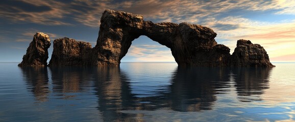 A striking rock arch stands prominently above tranquil water, with vibrant colors illuminating the sky at sunset