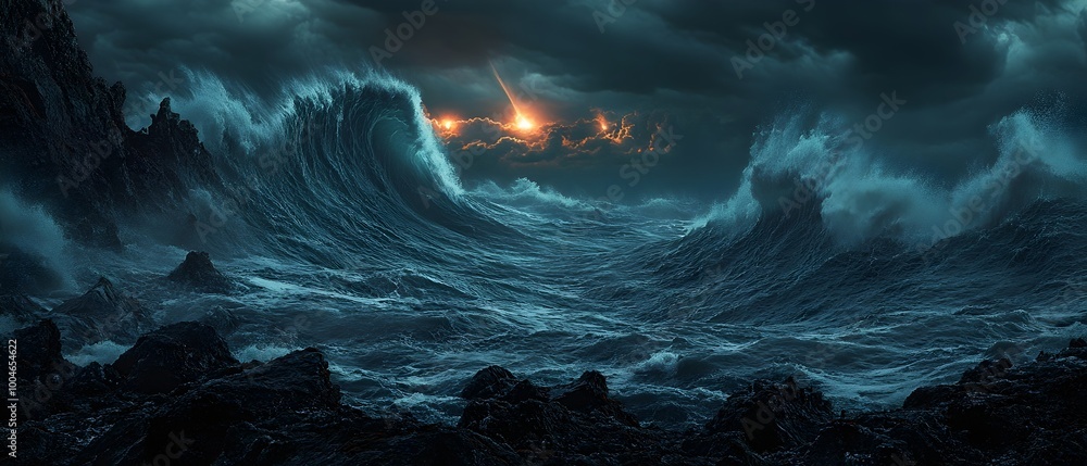 Poster enigmatic bermuda triangle with turbulent waves crashing against rocky shores unnatural flickering l