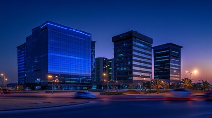 Obraz premium Riyadh, Saudi Arabia, Jul-12-2023, the KAFD buildings in blue hour. 