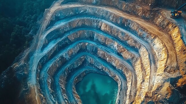 expansive aerial view of a mining quarry showing heavy machinery and terraced layers, representing large-scale gold, copper, silver, or platinum extraction operations
