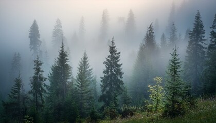 Misty forest with tall trees